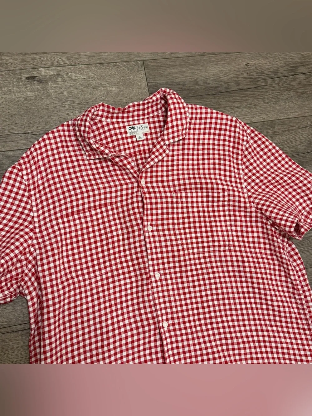 J Crew Men Short-sleeve 100% linen camp-collar shirt in gingham Red White Sz L